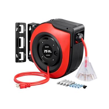 Imagem de DEWENWILS Carretel de Cabo de Extensão Retrátil, Cabo de Alimentação para Serviços Pesados de 75 Pés, Carretel de Cabo Retrátil Sjtow 14/3C, Tomadas Triplas Iluminadas, Disjuntor de 10A, Montagem Em P