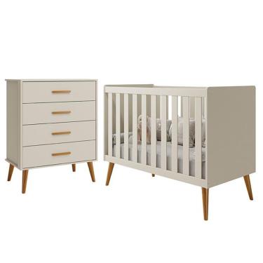Imagem de Conjunto de Quarto Infantil Isis com Cômoda 4 Gavetas e Berço em 100% MDF 133cm Bege Reller Móveis