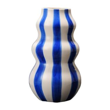 Imagem de predolo Vaso de cerâmica listrado pintado, vaso de flores de arte moderna, decoração minimalista para casa, arranjo floral para estante, cozinha, entrada, Azul