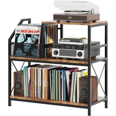 Imagem de Suporte para toca-discos, suporte para toca-discos com 3 divisórias ajustáveis, comporta até 300 álbuns, mesa vintage com suporte para discos de vinil, armário para sala de estar, quarto, escritório