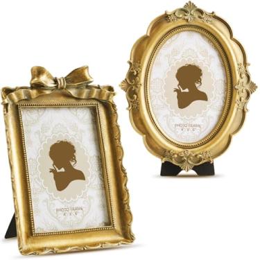 Imagem de Qunclay 2 porta-retratos vintage vintage barroco ornamentado resina retangular oval com vidro frontal de mesa e decoração de parede para casamento em casa (Bronze, 10 x 15 cm)