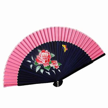Imagem de HSYHKDSY Ventilador dobrável, ventilador dobrável de mão feminino com moldura esculpida em bambu/flores estilo espanhol/decoração japonesa vintage de seda, laranja