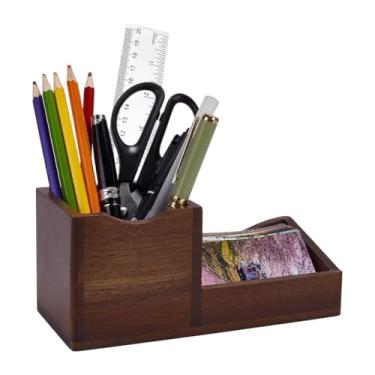 Imagem de FINGERINSPIRE Caixa de armazenamento de cartão de visita de madeira 18,4 x 7,9 x 8 cm, organizador de mesa marrom coco com porta-canetas, suporte de cartão premium para escritório, recepção e