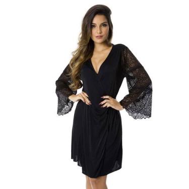 Imagem de Robe Manga Longa Rendado Feminino Luxo Roupão Lingerie - Daguth, Preto
