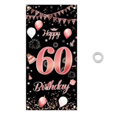 Imagem de Presente de capa de porta de aniversário de 60 anos, faixa de decoração de portas em ouro rosa e preto, banner de porta de fundo de festa, 183 x 89 cm, 60 artigos de festa de aniversário para marido