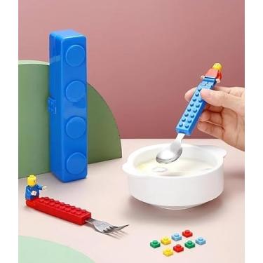 Imagem de Conjunto de Talheres Infantil Estilo Bloco de Montar, Garfo e Colher em Aço Inoxidável, Azul e Vermelho, 16,5 cm, para Crianças Aprenderem a Comer