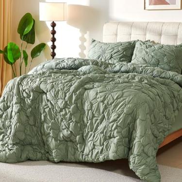 Imagem de Conjunto de edredom queen verde, 7 peças, edredom floral franzido, requintado para todas as estações, com edredom, lençol de cima, lençol com elástico e fronhas (228 x 228 cm)