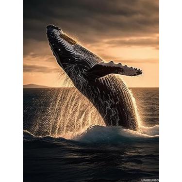 Imagem de UPABLUNSO Kits de arte de diamante para adultos imagem de cauda de baleia animal subaquática oceano corcunda violando vida marinha 5D DIY pedra redonda strass arte artesanato para decoração de parede