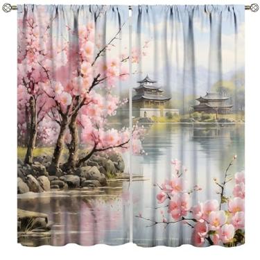 Imagem de Cortinas de flores de cerejeira, aquarela tradicional japonesa, natureza oriental asiática, decoração de paisagem, drapeada para quarto, sala de estar, cozinha, janela, tratamento de 2 painéis
