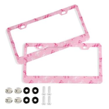 Imagem de SEHANY Lindas molduras de placa de licença de laço rosa, moldura de placa de carro de alumínio à prova de ferrugem com orifícios elípticos e parafusos serve para veículos padrão dos EUA tamanho