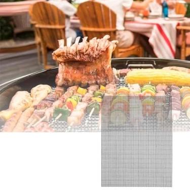 Imagem de Tapete de malha para churrasco, antiaderente, resistente, reutilizável, funciona em grelhas a gás, carvão, pelota, superfície fácil de limpar, 40 x 33 cm, preto