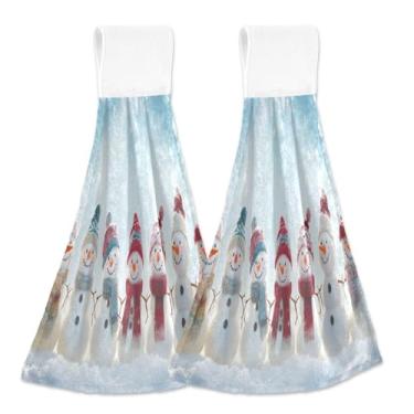 Imagem de Blueangle 2 peças de toalhas de gravata penduradas com bonecos de neve fofos toalha de mão de cozinha absorvente de veludo coral macio pano para cozinha e banheiro (415)