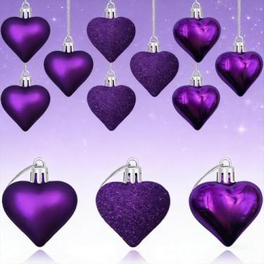 Imagem de 18 peças de enfeites de coração para pendurar no dia dos namorados, roxo com vários acabamentos, formato de coração para aniversário, árvore de Natal, aniversário de casamento, festa de ano novo