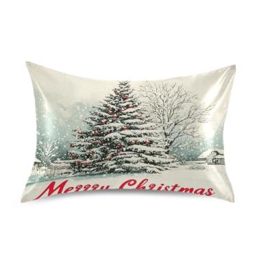 Imagem de Blueangle Fronha vintage de cetim de árvore de Natal para cabelo e pele, fronha de seda, tamanho Queen (50,8 x 76,2 cm) - Capas de almofada de cetim refrescantes com fecho de envelope (935)