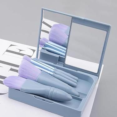 Imagem de Mini pincéis de maquiagem de viagem, 5 peças de pincéis cosméticos com espelho para mulheres e meninas, corretivo em pó de base, pincel de sombras (azul)