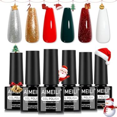 Imagem de AIMEILI Conjunto de esmaltes de unhas de gel de Natal, 6 peças, sem hema, branco, vermelho, verde, glitter, brilho, inverno, encharcado, U, LED, manicure - Kit 111