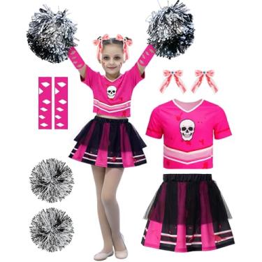 Imagem de Jecery Fantasia de líder de torcida zumbi para meninas, crânio assustador, roupa de líder de torcida de Halloween morta com acessórios de festa de fantasia (rosa vermelha, P (5-7 anos))