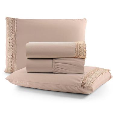 Imagem de Jogo Cama Lençol Haia Queen Percal 200 Fios 100% Algodão Guipir Bordado Inglês 4 Peças - Avelã