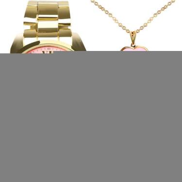 Imagem de relogio feminino prova dagua banhado + colar ouro caixa social aço ino