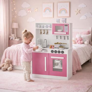 Imagem de Cozinha Infantil Completa com Armários Portas Funcionais Mini Cozinha de Brinquedo Educativa Rosa