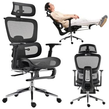 Imagem de hujusko Cadeira de escritório ergonômica de malha com apoio para os pés, cadeira de jogos de malha alta com suporte lombar, encosto de cabeça ajustável e apoios de braço para cadeira de escritório em