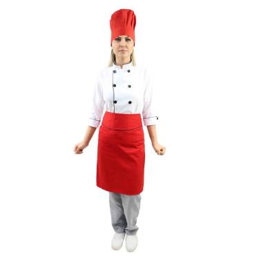 Imagem de Kit chef cozinha feminino Dolmã manga 3/4 + Avental vermelho + Chapéu vermelho