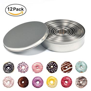 Imagem de Cortador De Donuts Sluffs, Molde De Biscoito, Cortador De Biscoito, 12 Unidades De Aço Inoxidável Redondo Cortador De Biscoitos Moldes De Anel De Metal Para Fondant De Massa