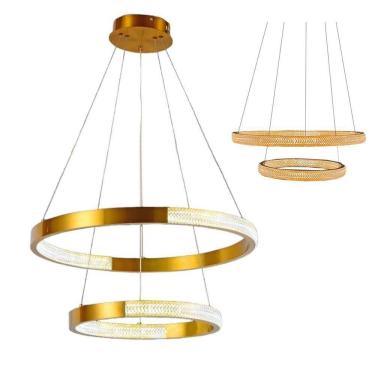 Imagem de Luminaria Pendente Lustre 2 Aneis Cristal Arco Dourado Led 52w Sala De Jantar Restaurante Ambiente C