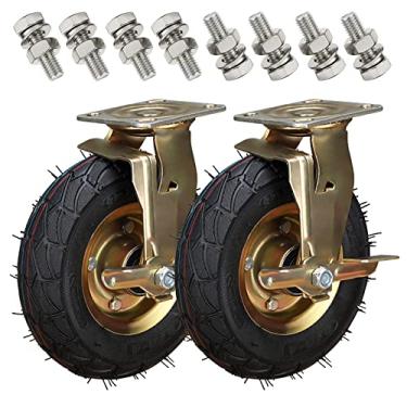 Imagem de 2 peças de rodízios resistentes com freios laterais, rodas pneumáticas com parafusos, roda de borracha de rolamento duplo de esferas, absorção de choque silenciosa móvel, para carrinhos/móveis