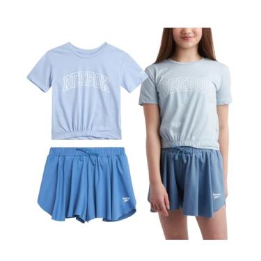 Imagem de Reebok Conjunto de shorts para meninas - 2 peças de camiseta ativa e shorts de corrida com borboleta - Conjunto de shorts esportivos e de dança esvoaçantes (4-12), Azul ardósia, 12