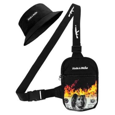 Imagem de Kit Chapeu Bucket Preto + Shoulder Bag Mini Bolsa Lateral Masculina Pe