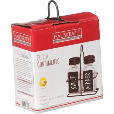 Imagem de Porta-condimento 2 potes de vidro com suporte aramado preto hauskraft