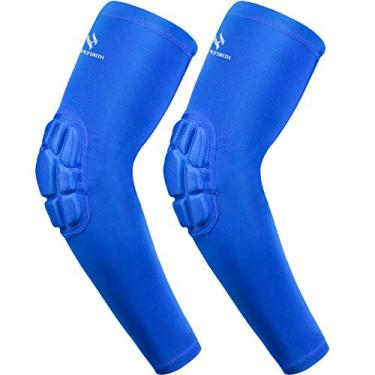 Imagem de Hopeforth 2 peças Manga acolchoada de cotovelo Braço de compressão Esportes Shooter Manga Protetora Gear Pads Suporte para Futebol Basquete Voleibol Beisebol Softball Tênis Ciclismo Externo Jovem Homem Feminino, Blue Elbow Pad, Medium
