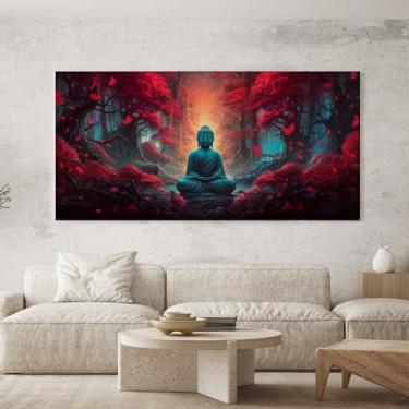 Imagem de Quadro Decorativo para Sala Quarto Hall 100x50 Buda Arvores Vermelha Buddha Horizontal Grande Decoração Parede Tela