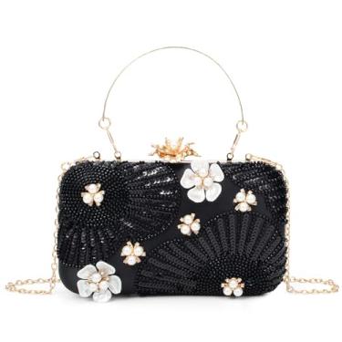 Imagem de BWKUNOLF Bolsa clutch feminina para noite bolsa clutch de lantejoulas com corrente de plástico pérola floral para festa de casamento, Preto, One Size