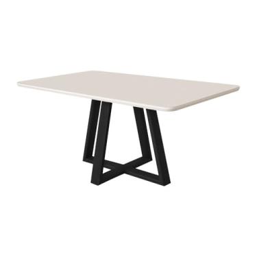 Imagem de Mesa de Jantar Luxo 160x90 Tampo Mdf/vidro para 6 Lugares Pés Madeira Maciça Pérola - Preto/off White