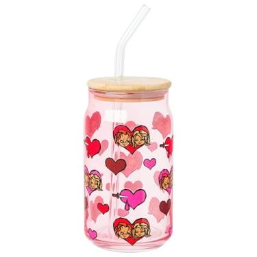 Imagem de Silver Buffalo Chucky Featuring Tiffany Horror Scary Dolls Valentine's Day Bloody Hearts Copo de vidro com tampa de bambu e canudo de vidro, 473 ml