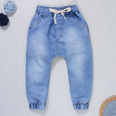 Imagem de Calça Para Bebê Jeans Jogger Cordão Tracejado Azul Claro - Era Uma Vez