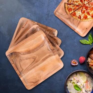 Imagem de Pratos carregadores de madeira de acácia, prato quadrado de madeira para aperitivo, prato de serviço de mesa para salada, sanduíches, hambúrgueres, jantar, almoço, casamentos, eventos de bufê -
