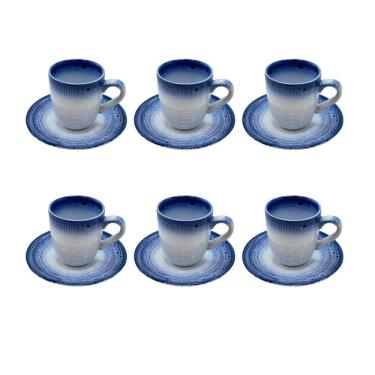 Imagem de Conjunto 6 Xícaras e Pires em Porcelana Branco e Azul 100ml BM0015 BTC