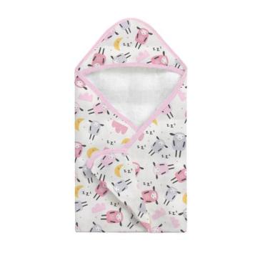 Imagem de Toalha de Banho Bebê Fralda com Touca Rosa Ovelhinha - Neném na Nuvem