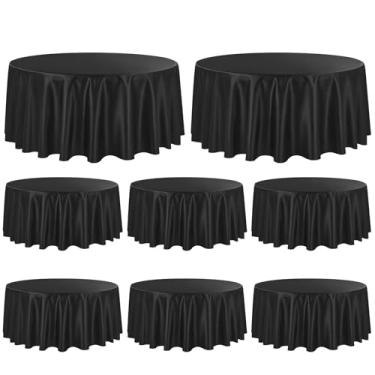 Imagem de Pacote com 8 toalhas de mesa pretas de 224 cm, toalha de mesa redonda de cetim sedoso, tecido lavável de seda brilhante, capa de mesa de seda sobreposta para festa de casamento, banquete, evento