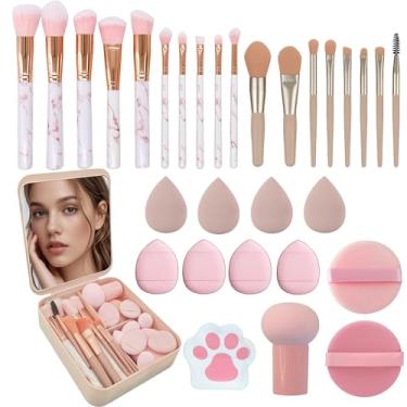 Imagem de Conjunto de 30 pincéis de maquiagem com 12 peças de esponja de mistura e espelho - Kit de pincéis de blush para sombra, corretivo em pó sintético premium Kabuki – Ferramentas cosméticas (conjunto de