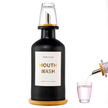 Imagem de Dispensador de enxaguante bucal de vidro para banheiro, copo de enxaguante bucal reutilizável, bandeja de bambu