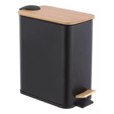 Imagem de Lixeira Retangular Pedal 5L Preta Metal E Bambu Banheiro - Paramount