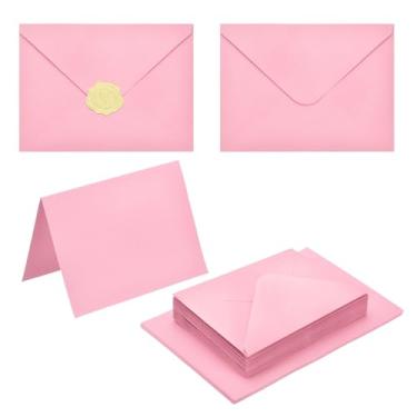 Imagem de PATIKIL Pacote com 50 envelopes rosa 10 x 15 cm com cartões, envelopes A6 de aba V com cartolina e adesivos dourados para cartões comemorativos de casamento, convites de aniversário, carta postal