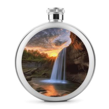 Imagem de Cantil de aço inoxidável, cachoeira ao pôr do sol com impressão clássica de bolso cantil garrafa de viagem garrafa portátil de metal