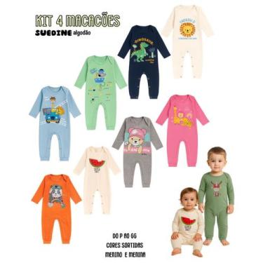 Imagem de Kit 4 Macacão Bebê Longo Punhos Botão de pressão Menino Menina Algodão