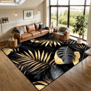 Imagem de Tapete de área sem costura padrão tropical folhas palmeira ouro cinza preto lavável 3 x 4,3 m tapetes antiderrapantes tapetes macios para quarto, cozinha, sala de estar, decoração de casa