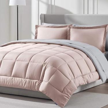 Imagem de Nestl Conjunto de edredom completo de 9 peças – Cama reversível rosa blush em uma bolsa – Conjunto completo de cama de casal com lençóis, travesseiros alternativos, fronhas e fronhas